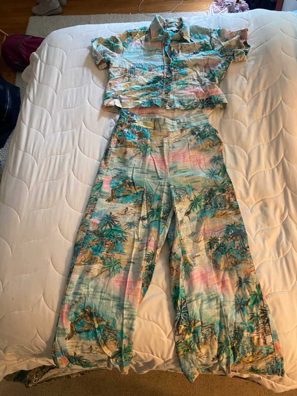 C&C California Teal, Pink & Cream Tropical Wide-Leg Pants & Top